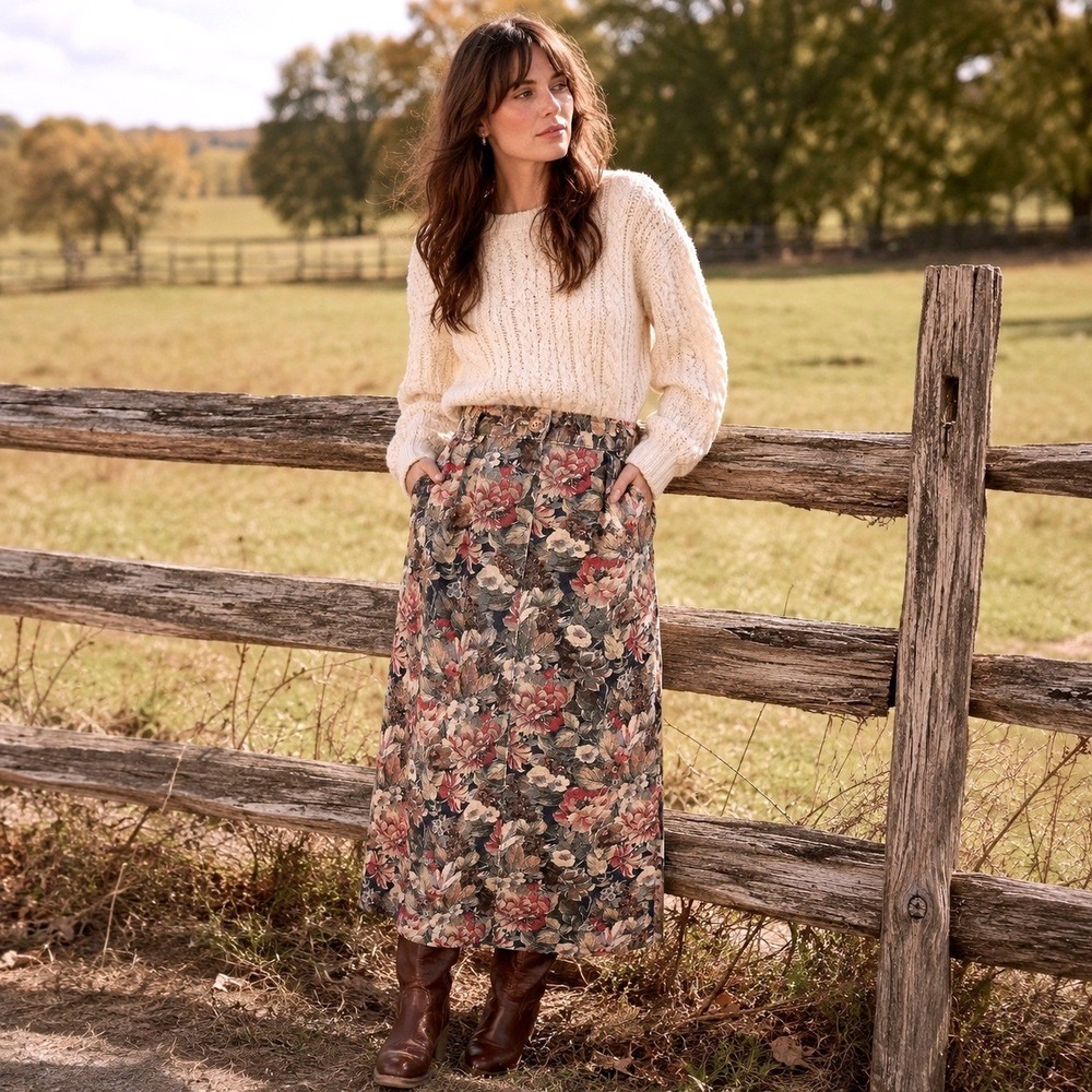 Vintage 90s Willowbend Floral Maxi Skirt Womens Size 14 Denim Cotton Cottagecore
